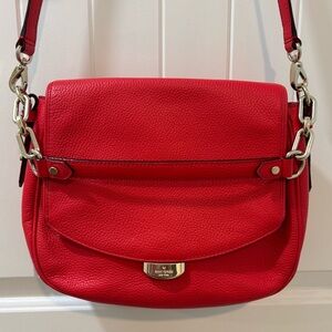Kate Spade Saddle Bag Crossbody Hand Bag Cow Leather Pebbled Red Gold